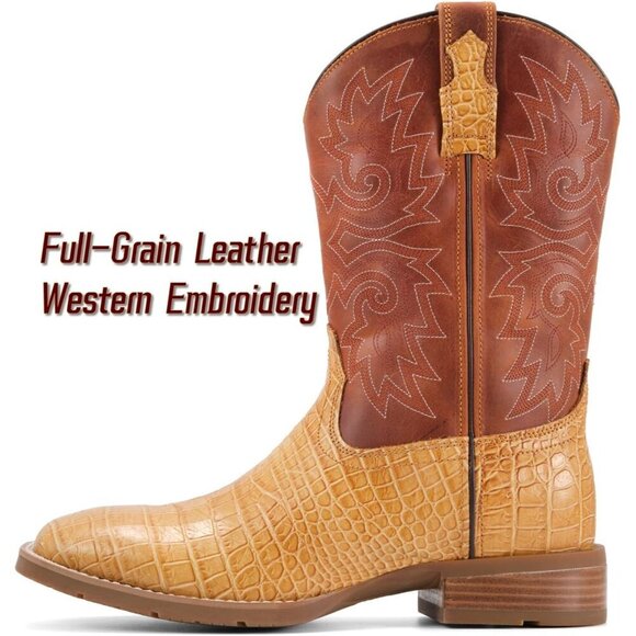 Men‘s Tan Caiman Belly Leather Cowboy Bold Crocodile Texture Square Toe Boots main image 4